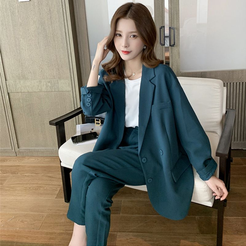 Single / spring new Korean suit coat pants set peacock blue net red casual suit two piece fashion
