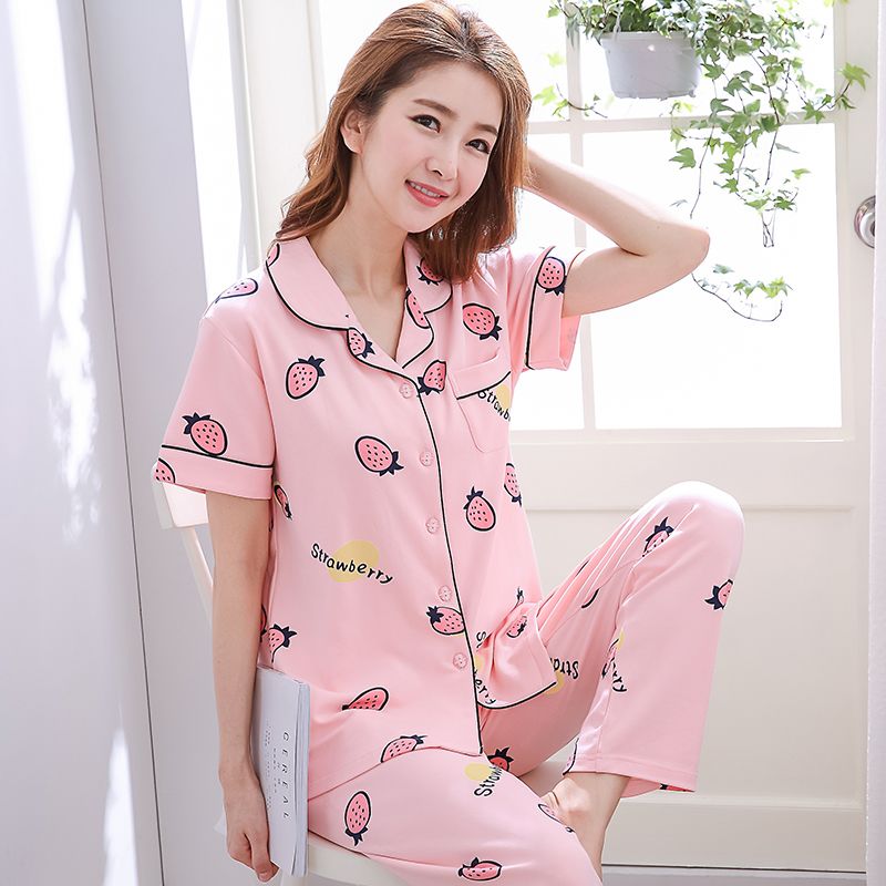 100% cotton pajamas women's summer short-sleeved trousers two-piece set mother and lady cotton home service spring and autumn loose