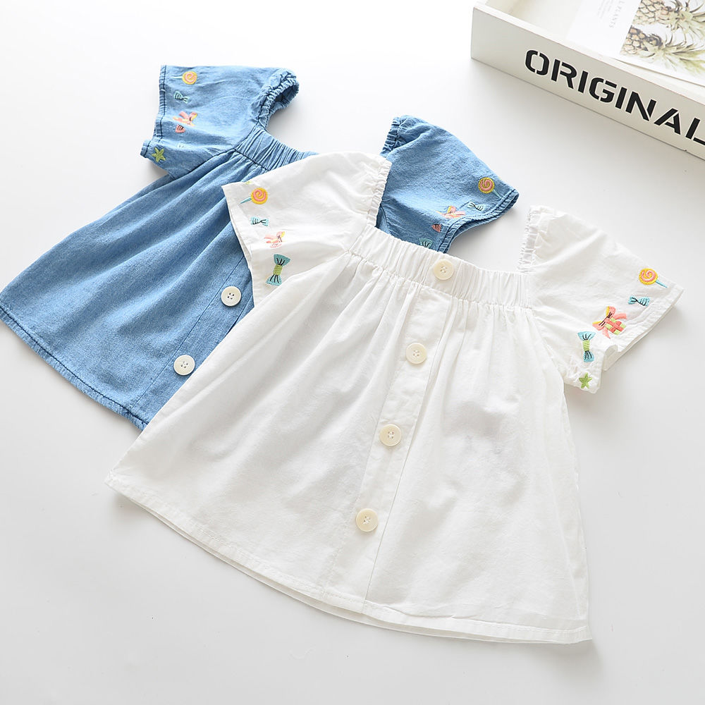 Summer new baby children's wear children's imitation denim embroidery girl's Raglan cotton short sleeve top white shirt
