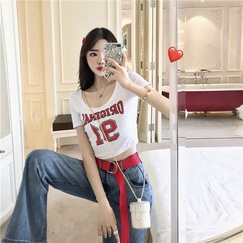 Net red anchor tight-fitting navel wide-neck jersey t-shirt female students high waist short sexy U-neck short-sleeved top summer