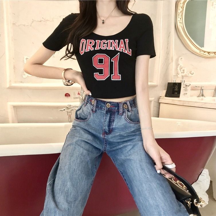 Net red anchor tight-fitting navel wide-neck jersey t-shirt female students high waist short sexy U-neck short-sleeved top summer