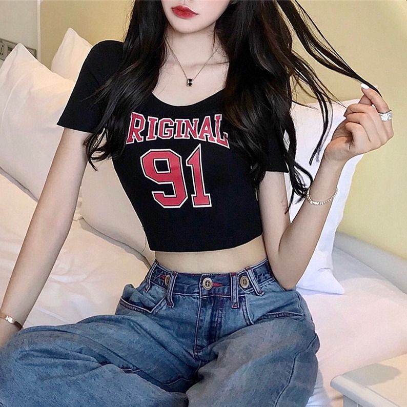 Net red anchor tight-fitting navel wide-neck jersey t-shirt female students high waist short sexy U-neck short-sleeved top summer