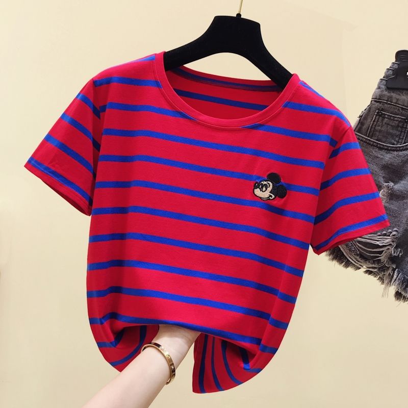 Cotton short sleeve new summer striped Mickey Mouse top
