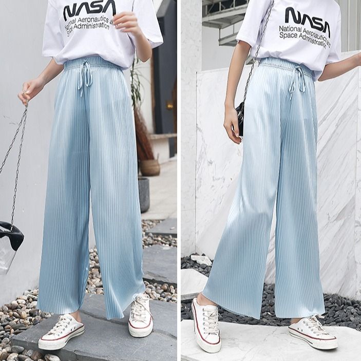 Wide leg pants women's summer loose and drooping feeling, high waist showing thin, ice silk pleated down feeling, straight tube casual pants covering flesh and showing thin
