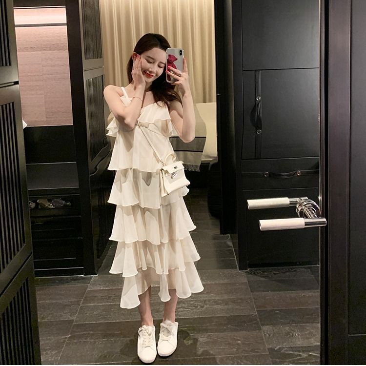 Fairy V-neck suspender dress new summer crotch covering skirt slim mid long skirt cake skirt