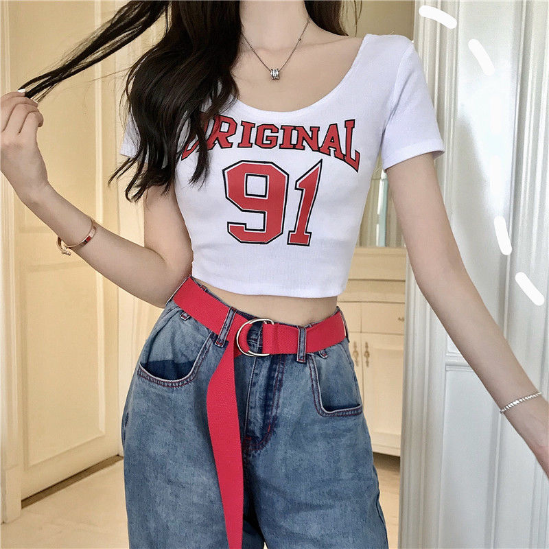 Net red anchor tight-fitting navel wide-neck jersey t-shirt female students high waist short sexy U-neck short-sleeved top summer