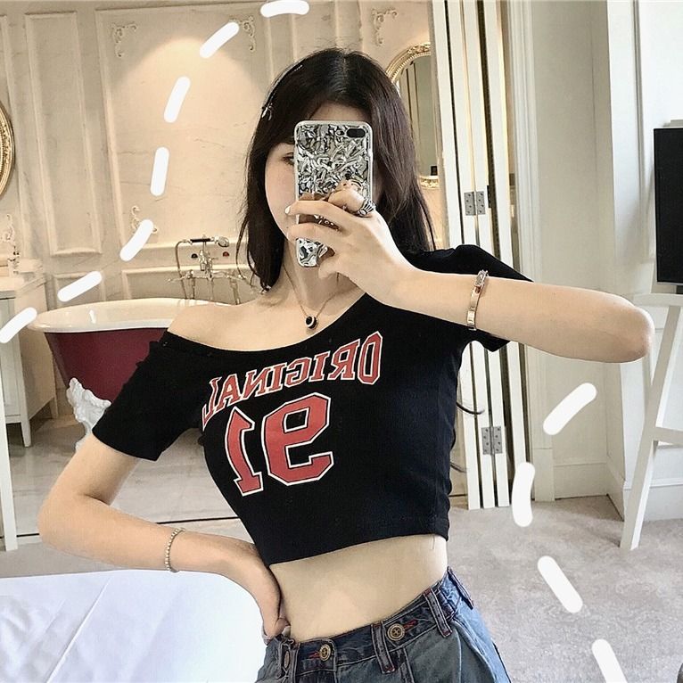 Net red anchor tight-fitting navel wide-neck jersey t-shirt female students high waist short sexy U-neck short-sleeved top summer