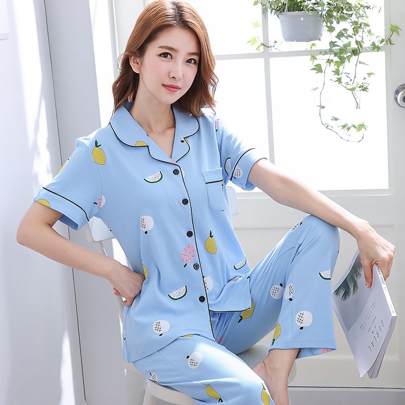 100% cotton pajamas women's summer short-sleeved trousers two-piece set mother and lady cotton home service spring and autumn loose