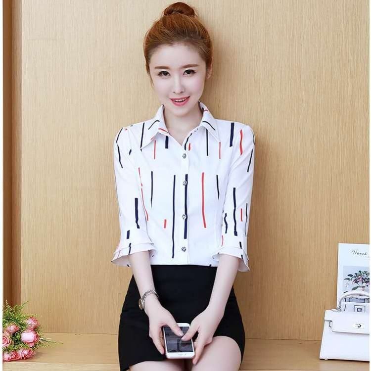 2020 Korean summer women's new striped long sleeve 7 / 3 sleeve flared sleeve versatile chiffon shirt blouse
