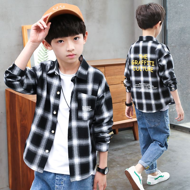 Boys' shirt spring and autumn style 2023 new Korean version of the foreign style big boy red plaid long-sleeved shirt male treasure spring clothes