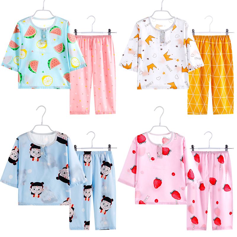 Summer children's cotton silk pajamas boys and girls baby children's silks children's long sleeves summer thin boys' air conditioning suit