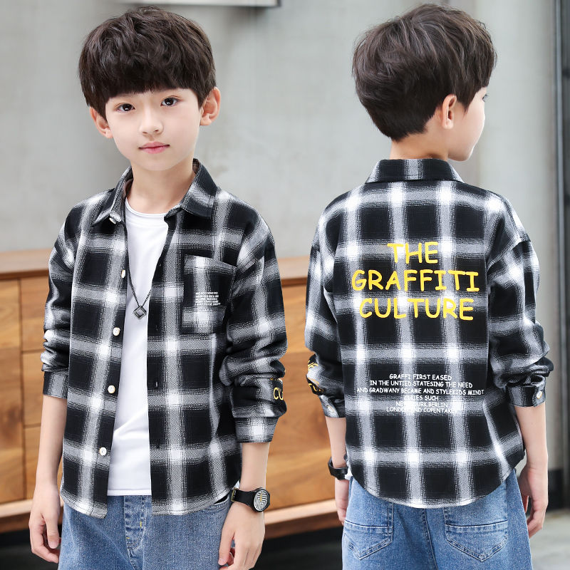 Boys' shirt spring and autumn style 2023 new Korean version of the foreign style big boy red plaid long-sleeved shirt male treasure spring clothes