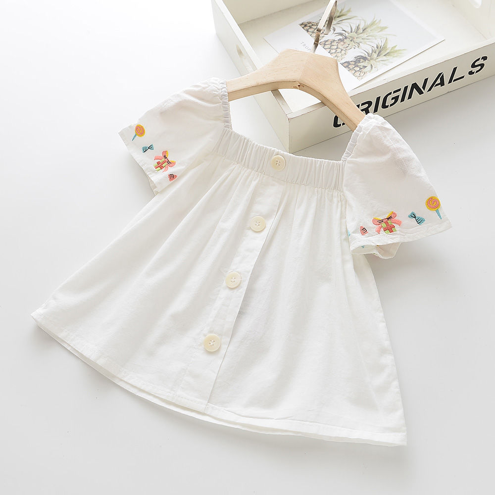 Summer new baby children's wear children's imitation denim embroidery girl's Raglan cotton short sleeve top white shirt