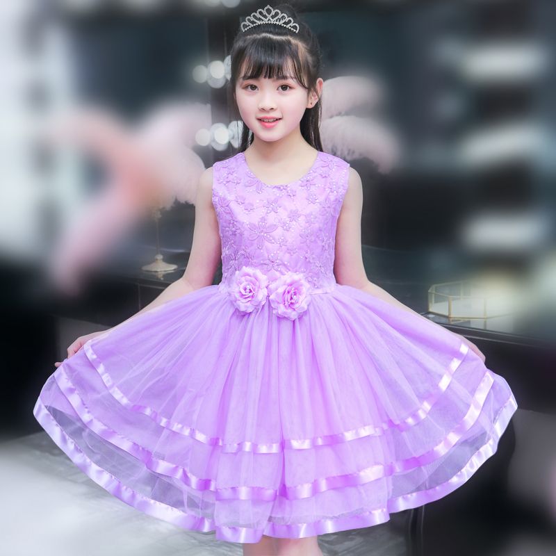 女童連衣裙公主裙2022夏季新款演出禮服裙子女孩中大童兩朵花彩條