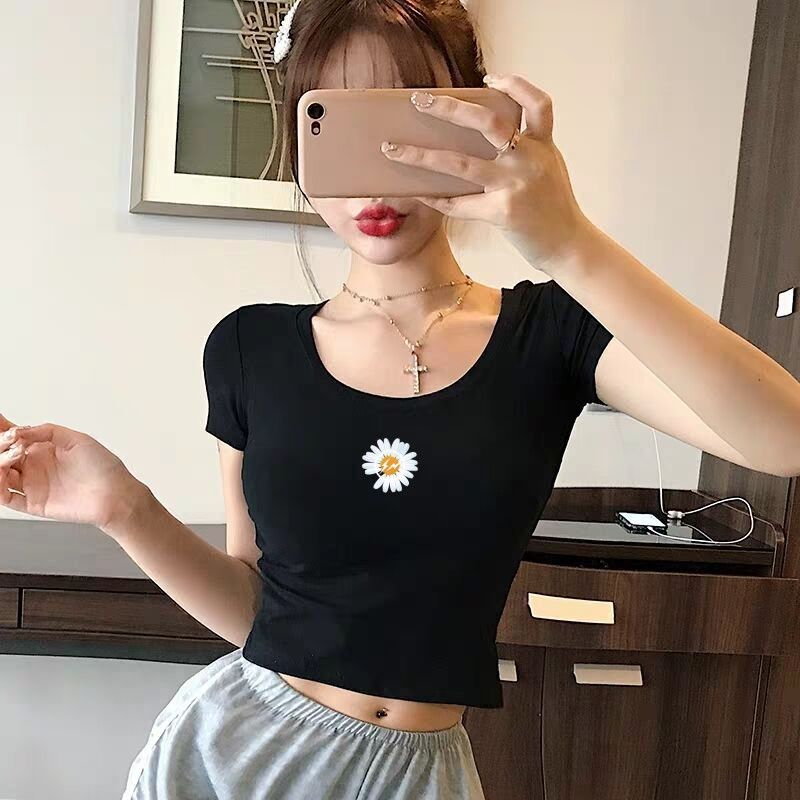 Net red anchor tight-fitting navel wide-neck jersey t-shirt female students high waist short sexy U-neck short-sleeved top summer