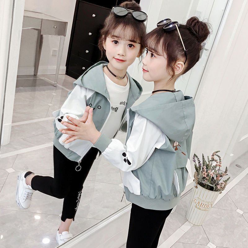 Girls coat 2021 new spring and autumn clothes Korean version of children's clothing color matching long-sleeved zipper jacket tops children's coat fashion