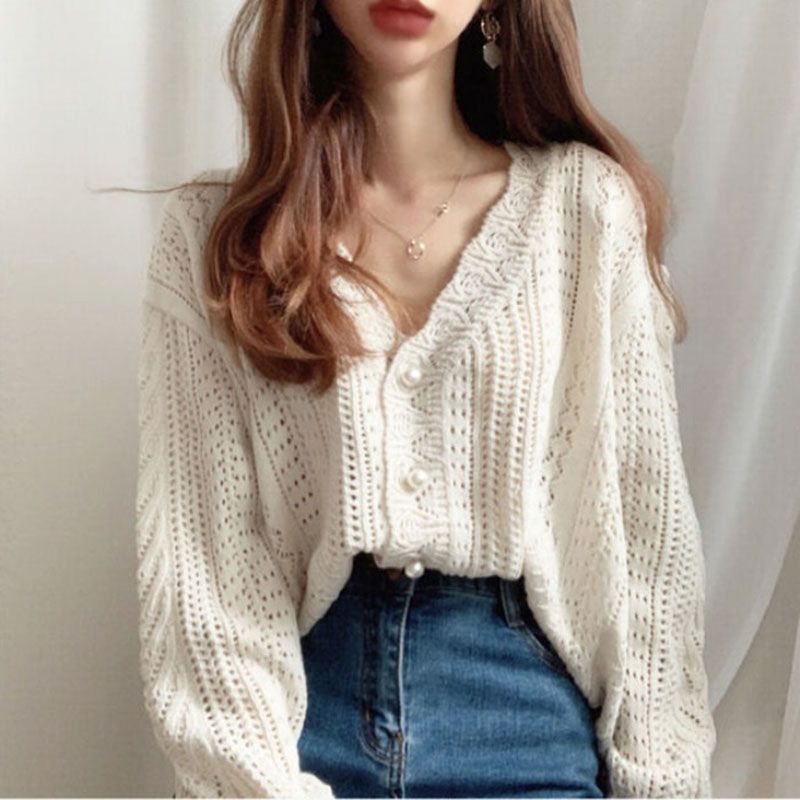 Spring and Autumn New Korean chic retro hollowed out languid jacket loose oversized sweater V-neck knitted cardigan