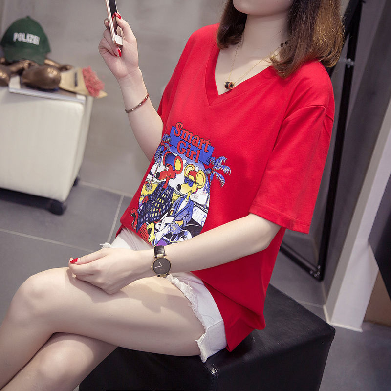 95 cotton summer Korean loose student cartoon Mickey medium long printed short sleeve T-shirt women's clothes