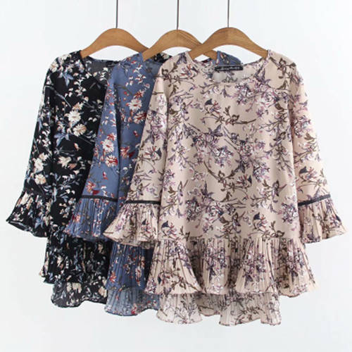 Large women's chiffon blouse for women fat sister 7 / 4 sleeve belly covering Flower Top loose foreign style young age bottom coat woman