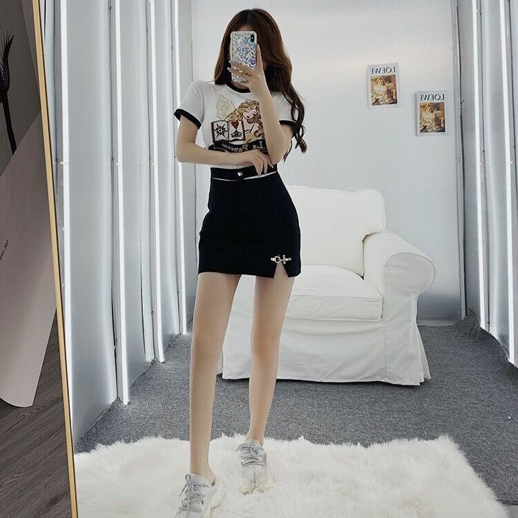 Ins style Han Faner tight waist short-sleeved t-shirt girls super good-looking foreign style all-match self-cultivation summer top tide