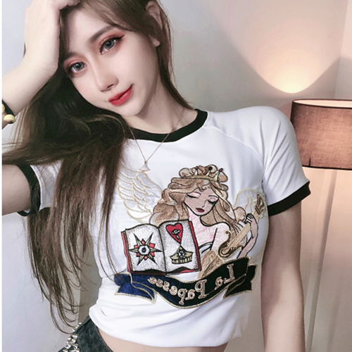 Ins trend new short-sleeved tight-fitting chest large embroidery cotton t-shirt ladies popular all-match self-cultivation thin top summer