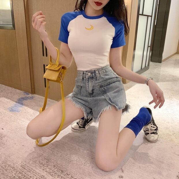 Ins style Han Faner tight waist short-sleeved t-shirt girls super good-looking foreign style all-match self-cultivation summer top tide