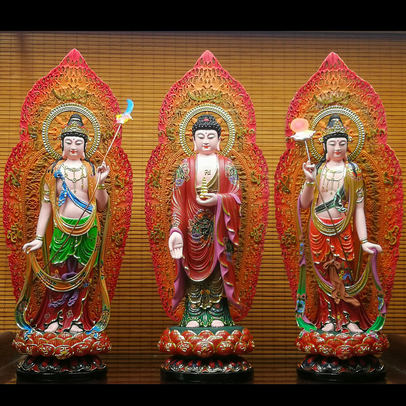 古彩东方三圣神像药师佛佛像家用供奉左右协侍日月光菩萨树脂摆件