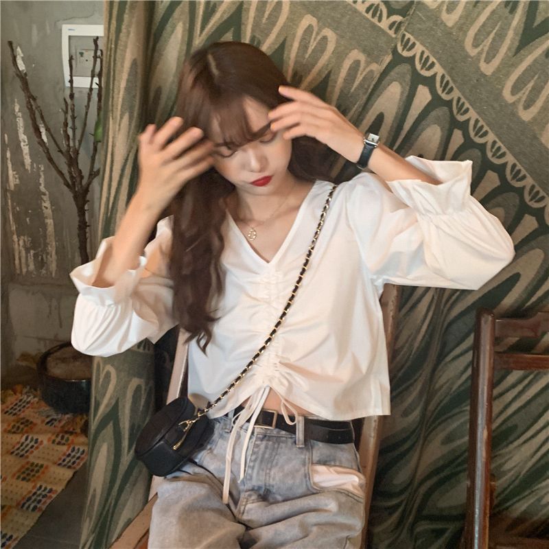 Spring and summer Korean version versatile temperament V-Neck long sleeve T-shirt women bubble sleeve drawstring short navel top female student trend