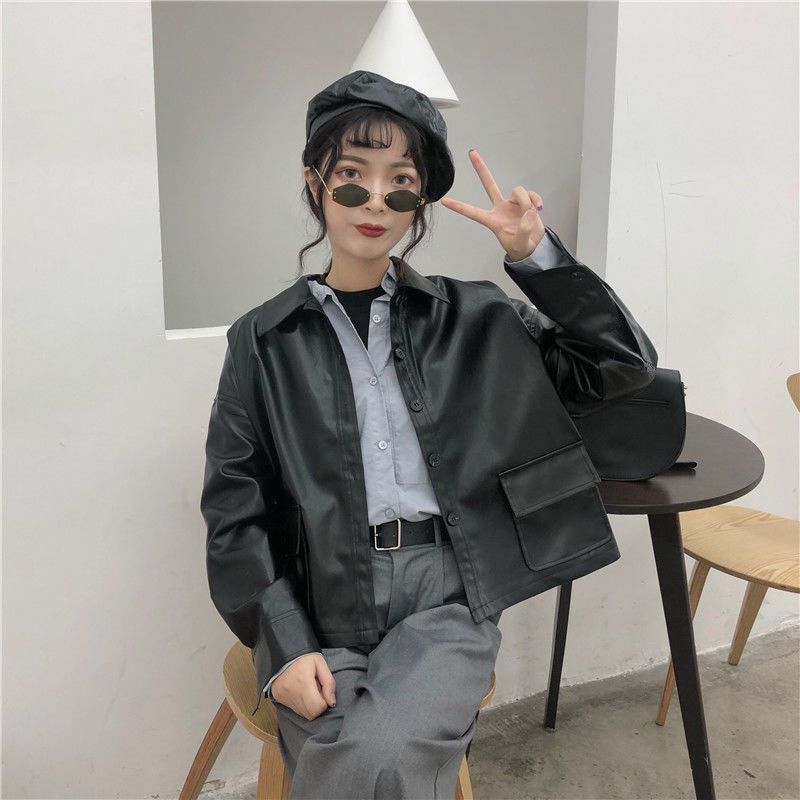 Hong Kong style retro locomotive PU leather coat 2020 South Korea new loose pocket short jacket student girl