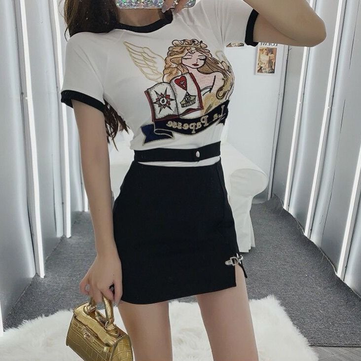 Ins style Han Faner tight waist short-sleeved t-shirt girls super good-looking foreign style all-match self-cultivation summer top tide