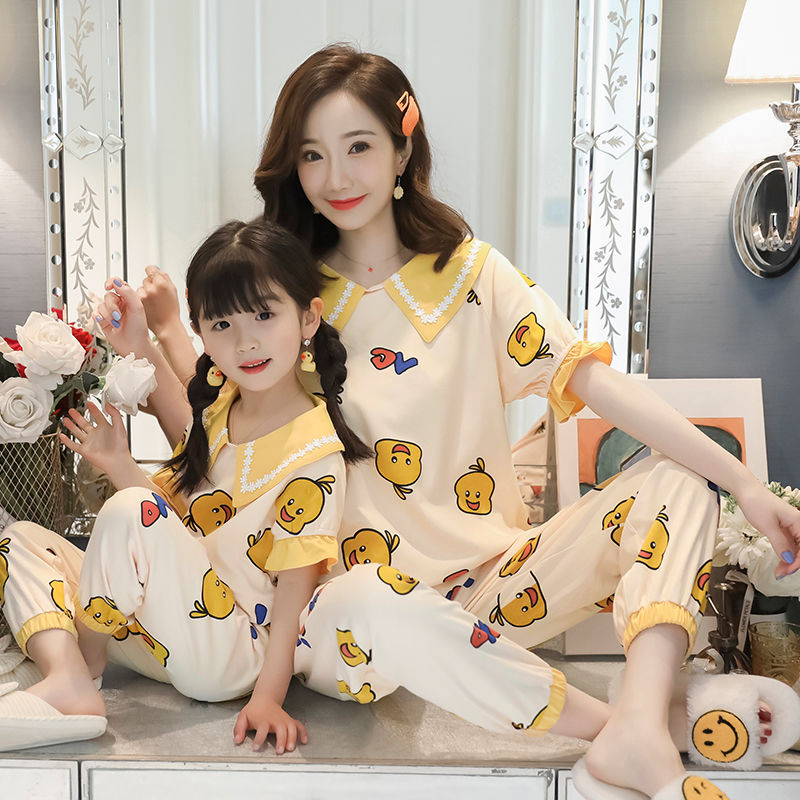 Mother and daughter's three children's pajamas cotton short sleeve parent child home suit spring and summer children's air conditioning clothes