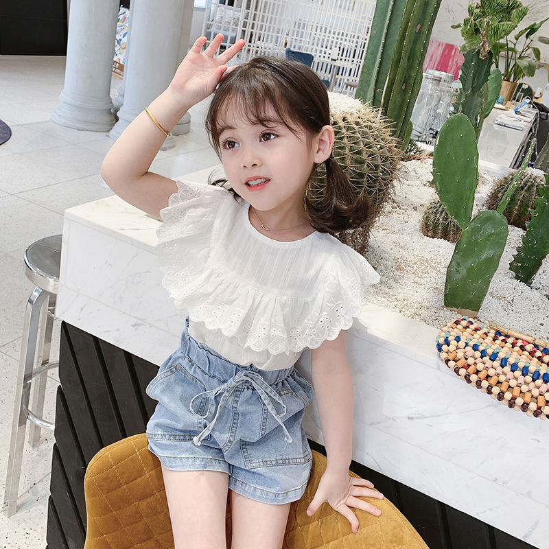 Children's clothing girls summer sleeveless shirts 1-7 years old children's Korean style lace collar doll shirt baby fashionable shirt trendy