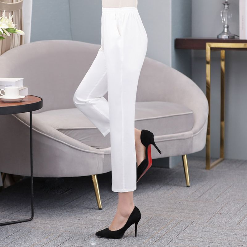 Internet celebrity small white pants summer thin elastic waist high waist casual women's pants for big moms and moms eight-nine-point pants 105