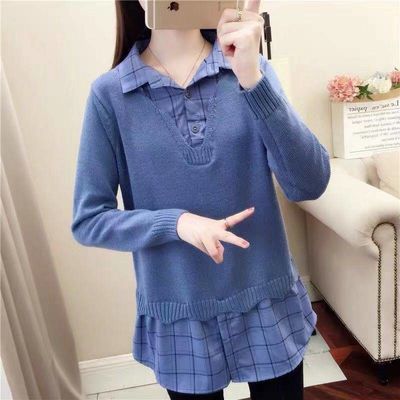 78897/春秋装2021新款衬衫领假两件上衣宽松女士毛衣套头打底针织衫外套
