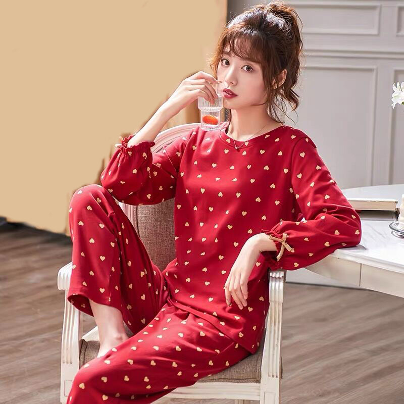 100% cotton pajamas women's spring and autumn long-sleeved Korean version cute autumn and winter summer cotton confinement clothing large size home service suit