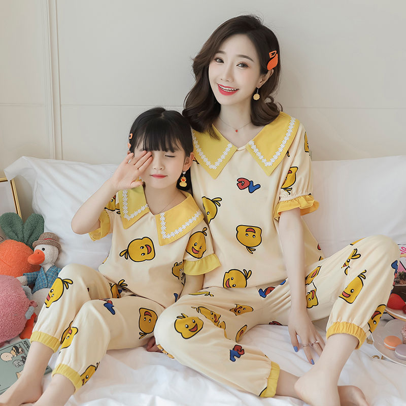 Mother and daughter's three children's pajamas cotton short sleeve parent child home suit spring and summer children's air conditioning clothes