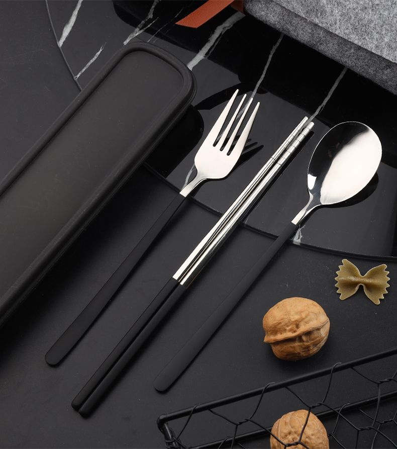 不锈钢便携餐具套装筷子勺子套装学生开学勺叉筷三件套户外勺筷盒
