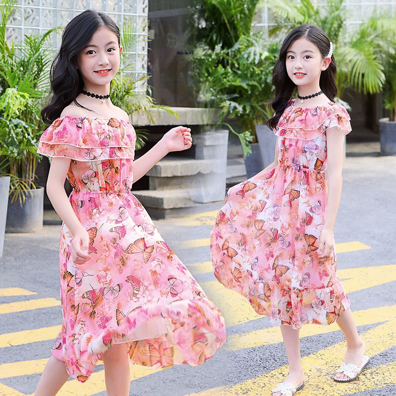 Girls beach skirt length super fairy 2020 new Zhongda children's fragmentary Chiffon Princess seaside holiday dress