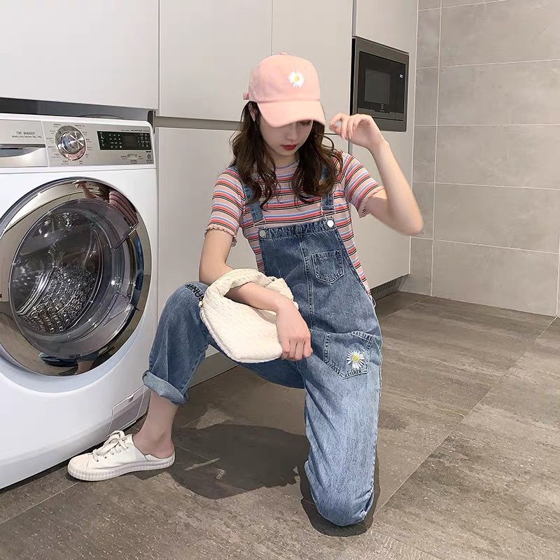Denim belt pants new style small daisy embroidery reduced age high waist loose thin female student nine point Jumpsuit