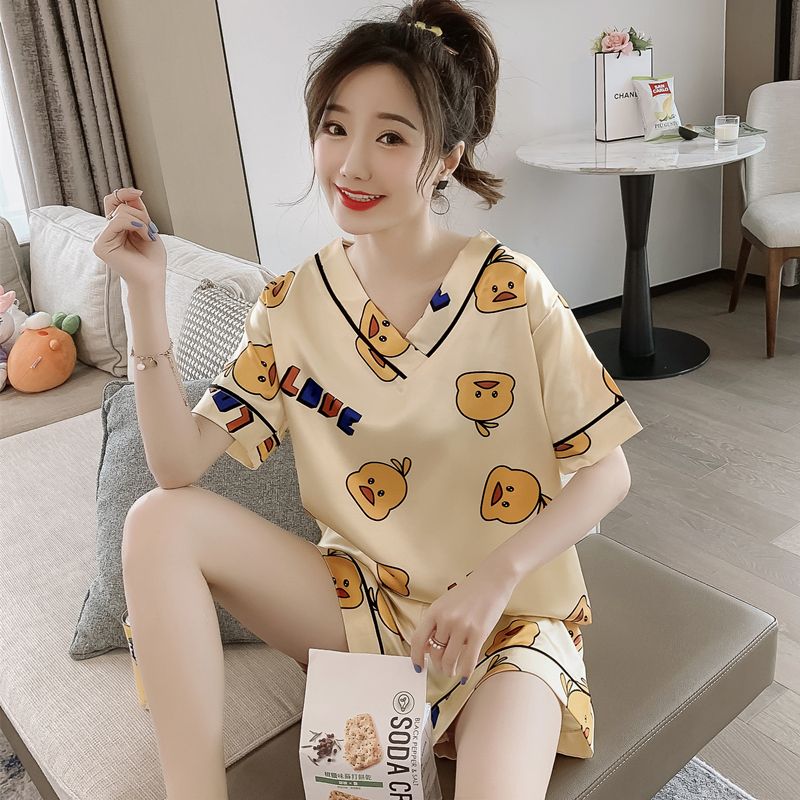 Pajama women summer ice silk short sleeve Korean thin student cute sexy summer two piece suit cartoon home wear