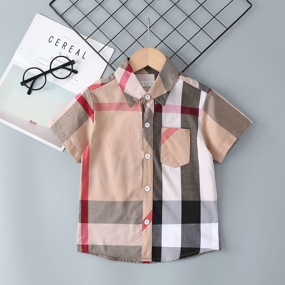 Boys' short sleeve summer new cool check Lapel shirt Korean cotton baby stand collar cardigan loose thin