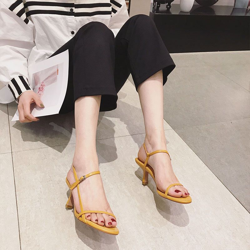 凉鞋女鞋子女学生韩版百搭2023夏季新款黄色高跟鞋细跟漏趾女凉鞋
