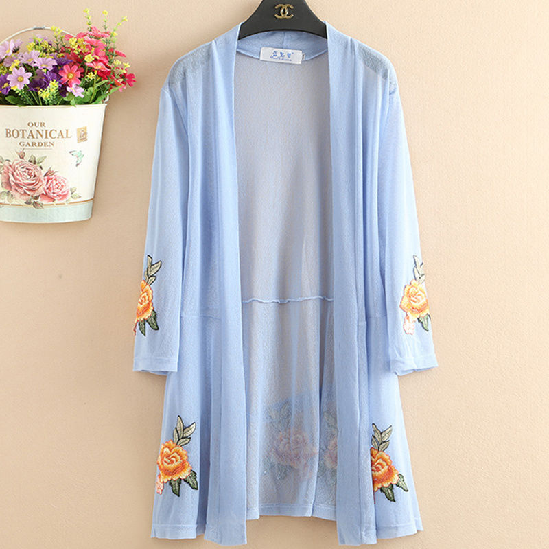 Summer new medium and long embroidered Cardigan Jacket Women's fattening middle-aged ethnic style thin waistcoat for women