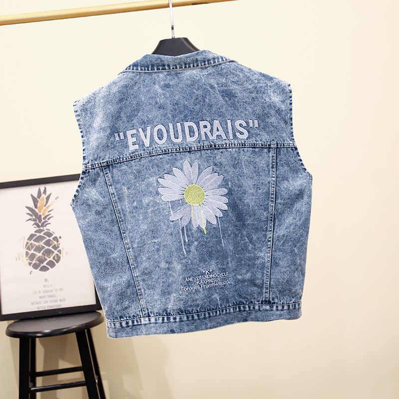  denim vest female spring and autumn new Korean version loose student daisy embroidery vest ins top jacket trendy
