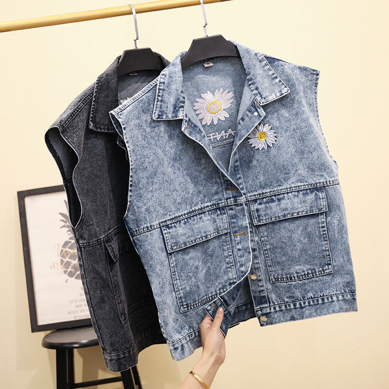  denim vest female spring and autumn new Korean version loose student daisy embroidery vest ins top jacket trendy