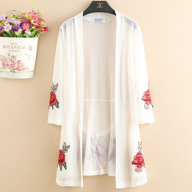 Summer new medium and long embroidered Cardigan Jacket Women's fattening middle-aged ethnic style thin waistcoat for women