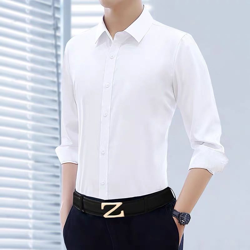 2023男装新品春秋季男士修身长袖白色衬衫男生帅气衬衣寸衫上衣服