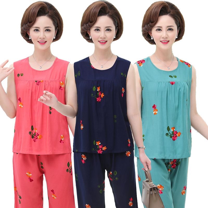 媽媽睡衣夏季中老年人棉綢兩件套老人造棉可外穿綿綢家居服女薄款