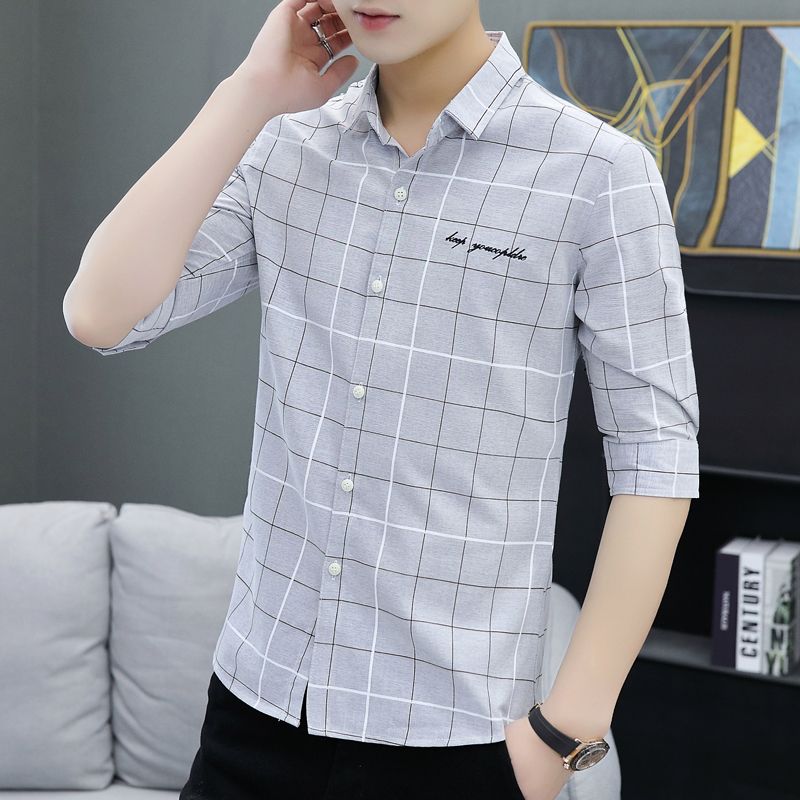 Summer shirt men's short-sleeved Korean version of self-cultivation men's casual five-quarter sleeve shirt trendy handsome men's middle-sleeved shirt