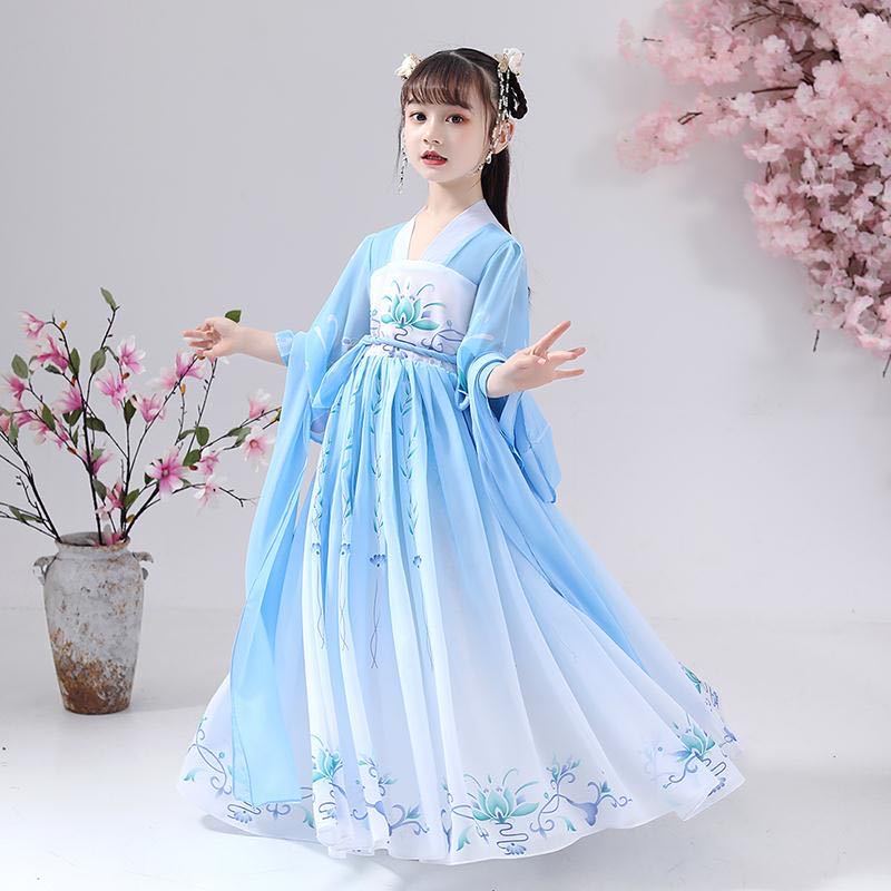 女童漢服中國風超仙齊胸襦裙兒童古裝連衣裙春秋寶寶唐裝長袖夏裝